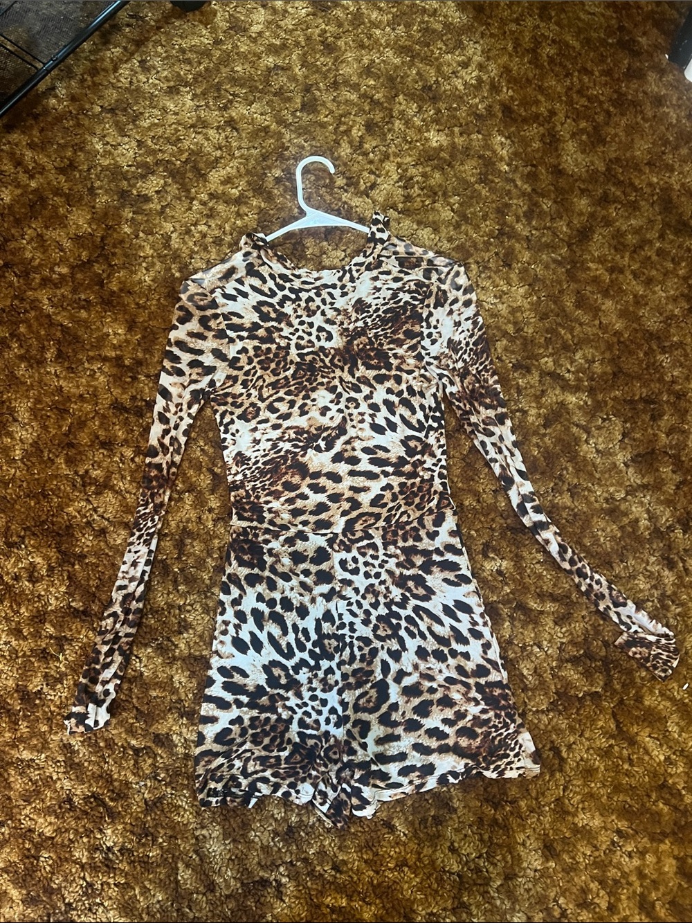 Fashion Nova Leopard Print Long-Sleeve Crop Top Romper - Brown, Black, Cream